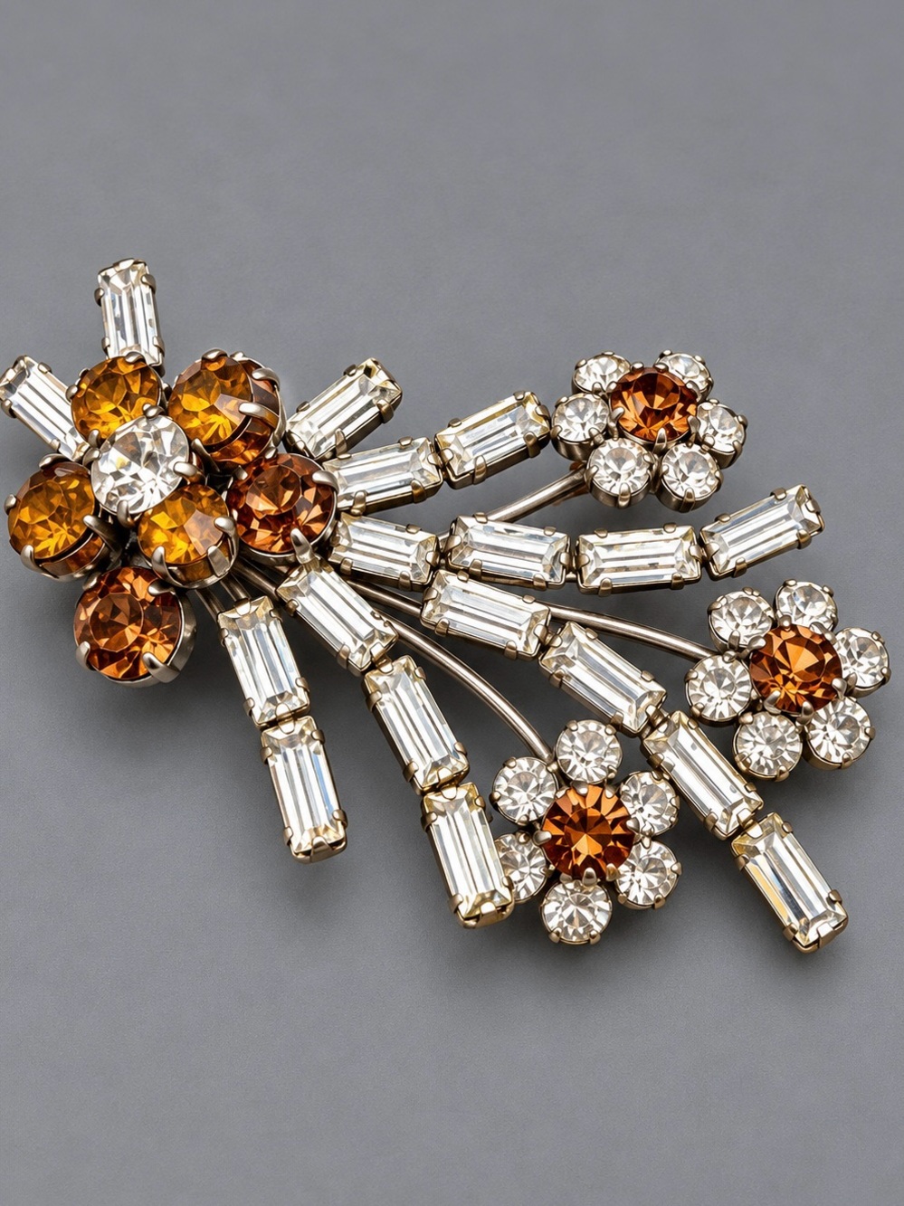 Vintage Baguettes Brooch in Amber and Clear Stones #cz560